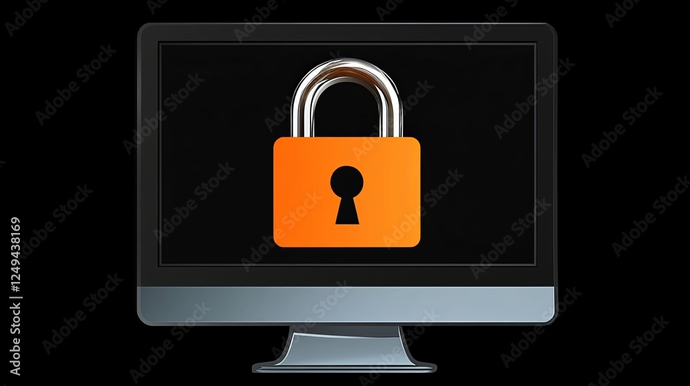 Cybersecurity action padlock on computer screen digital security concepts minimalist environment tech viewpoint