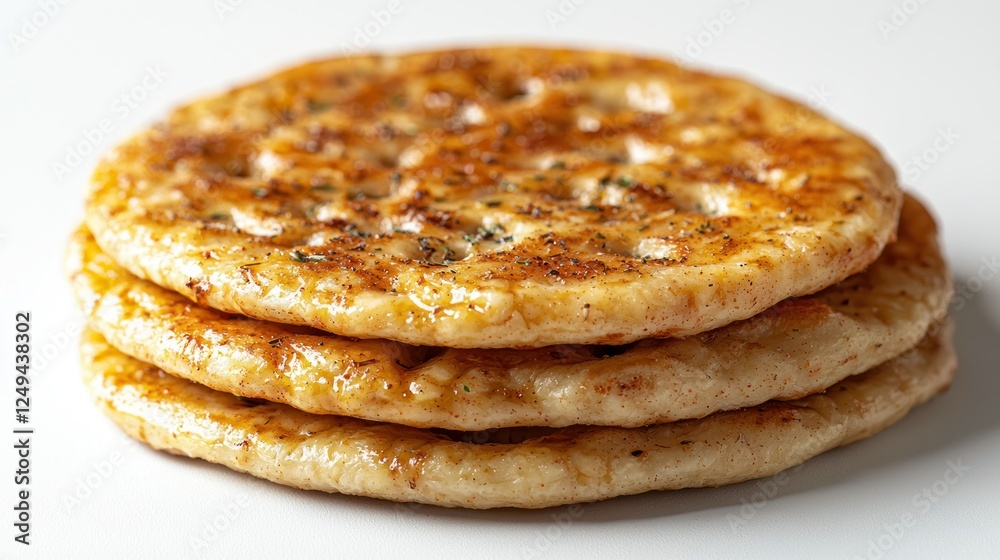 Stacked, golden, flatbreads on white background, ready to eat Stacked, golden, flatbreads on white background, ready to eat
