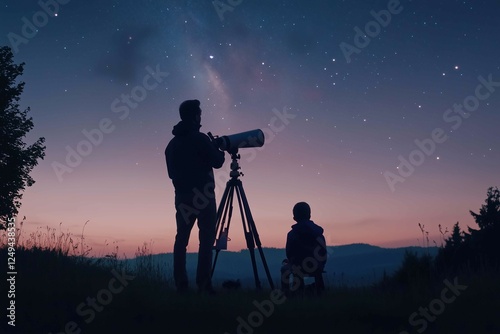 Man and kid checking the night sky through a telescope