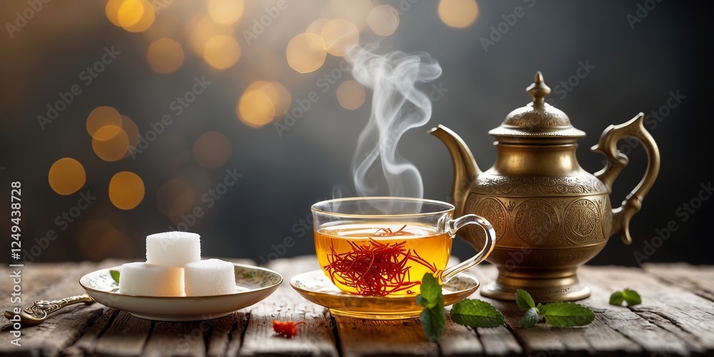 Fototapeta premium Warm saffron tea served in a clear cup with a steaming teapot and sugar cubes on a rustic wooden table