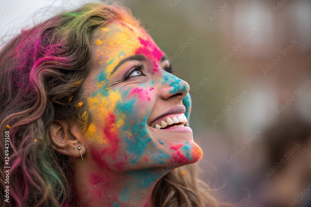 Naklejka premium Portrait of happy young indian woman on holi color with gulal powder on her face. Girl celedtating Holi, Indian festival