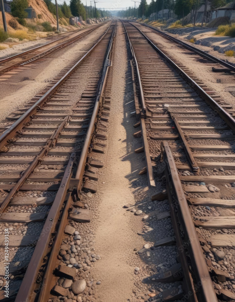 Railroad tracks splitting into two separate routes, separate tracks, railway divergence, divergent rails Railroad tracks splitting into two separate routes, separate tracks, railway divergence, divergent rails