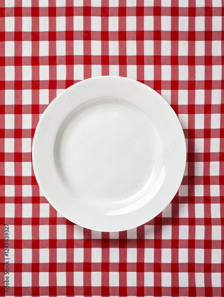 Simple white plate on a red checkered tablecloth - A minimalistic white plate centered on a vibrant red checkered tablecloth symbolizing dining, gatherings, tradition, simplicity, and warmth. Simple white plate on a red checkered tablecloth - A minimalistic white plate centered on a vibrant red checkered tablecloth symbolizing dining, gatherings, tradition, simplicity, and warmth.