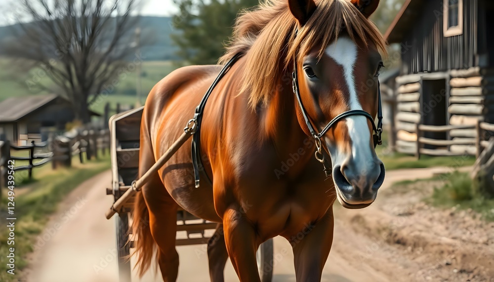Obraz premium a brown horse pulling a wagon down a dirt road