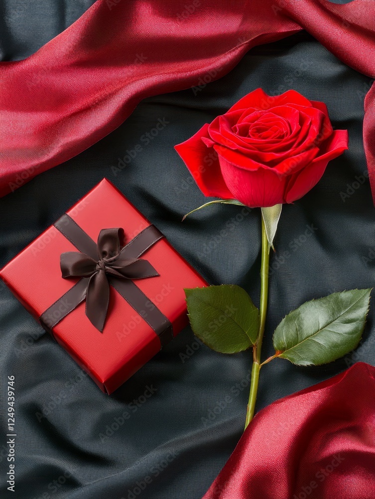 Fototapeta premium Red Rose and Gift Box on Elegant Fabric - A beautiful arrangement featuring a red rose and a gift box on luxurious fabric, ideal for romantic occasions and celebrations.