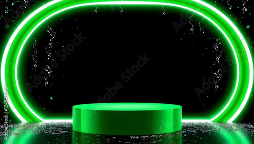 Green podium for sci-fi technology product display with neon circle on black background