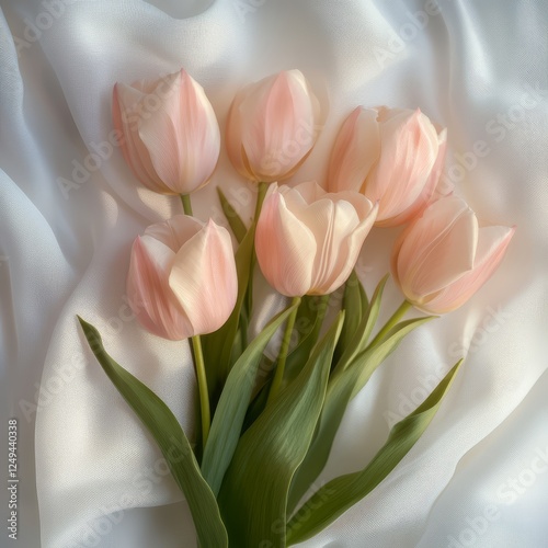 Delicate Pink Tulips on White Fabric photo