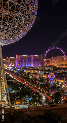 Las Vegas Strip at Night: High Roller, MSG Sphere, Cosmo, and Glittering Lights - A Neon Dreamscape of Sin City