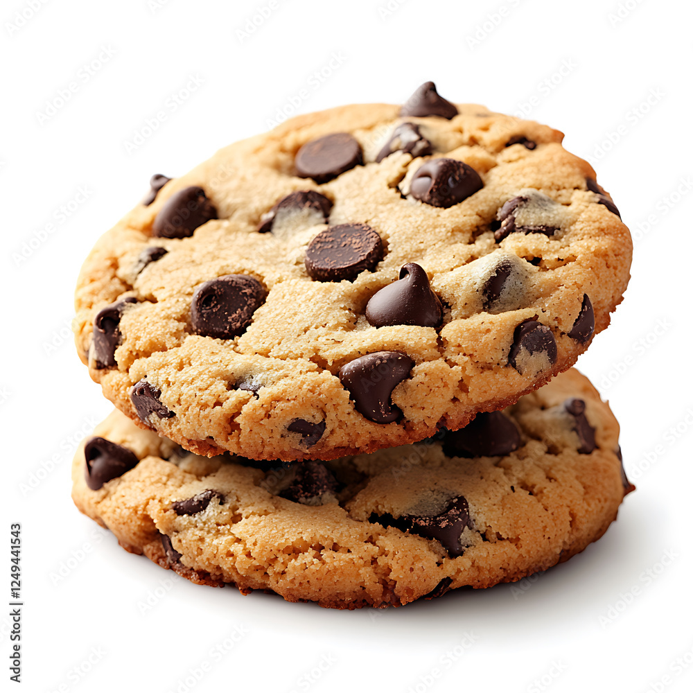 Delicious chocolate chip cookies stacked on pure white background, showcasing their tempting texture and rich chocolate pieces. Perfect for dessert lovers Delicious chocolate chip cookies stacked on pure white background, showcasing their tempting texture and rich chocolate pieces. Perfect for dessert lovers