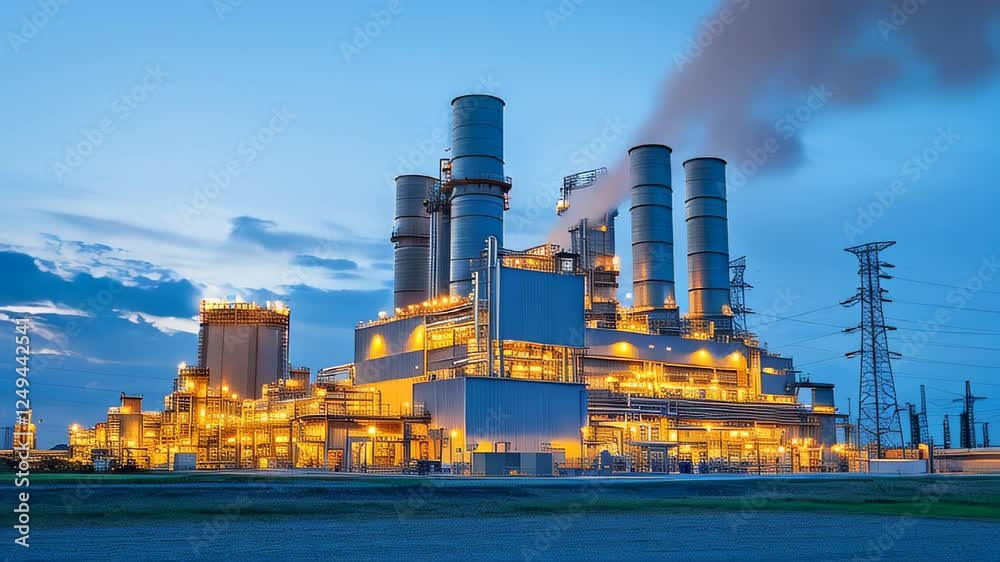 Industrial power plant illuminated at dusk under a vibrant sky with smoke rising from chimneys Industrial power plant illuminated at dusk under a vibrant sky with smoke rising from chimneys