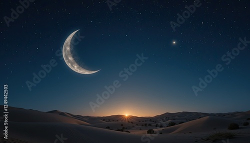 Une lune croissante et une étoile illuminant une scène désertique paisible, représentant le début de Ramadan sous un ciel nocturne dégagé.