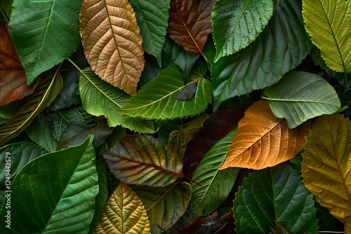 A close-up of the leaves of different tree species, showcasing the variety of shapes, colors, and textures found in a forest.
