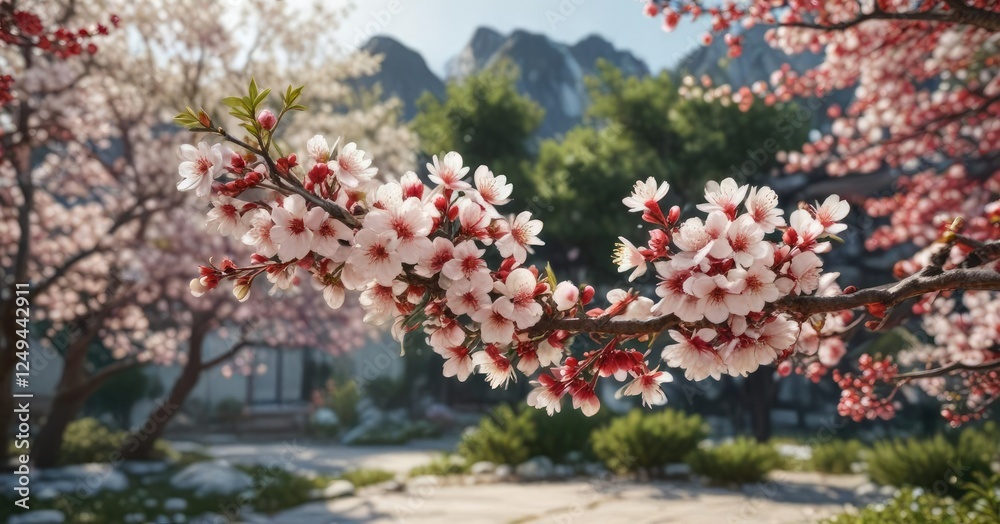 Scenic view of white and red ume plum blossoms with a hint of pink in a tranquil garden, outdoor, peaceful Scenic view of white and red ume plum blossoms with a hint of pink in a tranquil garden, outdoor, peaceful