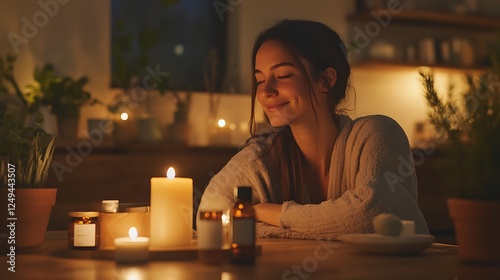 Serene woman enjoying aromatherapy at night, surrounded by candles and essential oils.