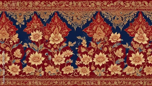 Intricate Floral Tapestry:  A seamless pattern of intricate floral motifs, a blend of vibrant red, blue, and gold, creates a captivating tapestry reminiscent of traditional Indian textiles.