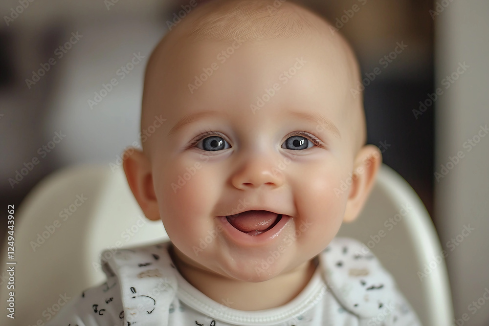 Generative AI image of a cute baby eating food in a highchair with a messy and funny expression Generative AI image of a cute baby eating food in a highchair with a messy and funny expression