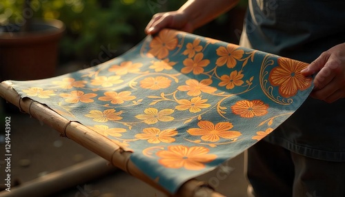 Hand-Dyed Floral Fabric: Artisan showcasing a vibrant hand-dyed fabric with a captivating floral pattern, rich in color and texture, displayed on a rustic bamboo frame. The warm.