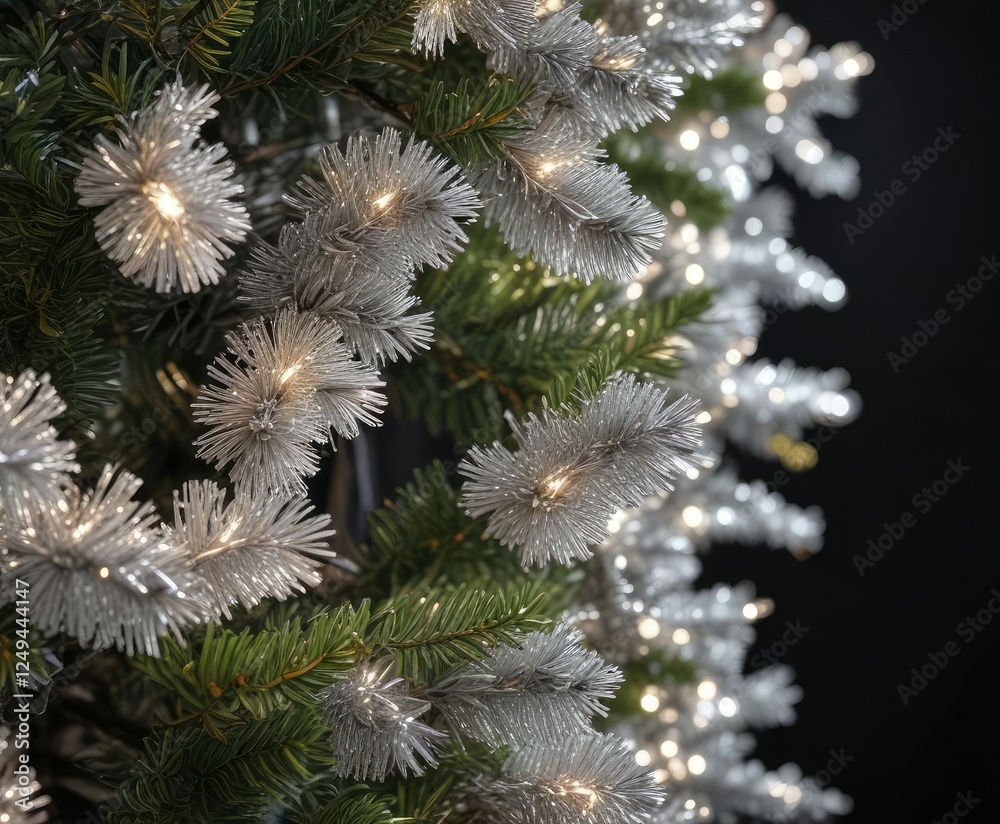 Shimmering silver tinsel garland on a small tree , small, festive, garland Shimmering silver tinsel garland on a small tree , small, festive, garland