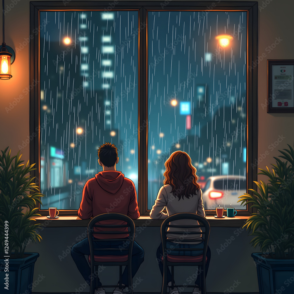 A couple sits together by a window during a rainy night, gazing at the city lights outside while sipping hot drinks and enjoying each other's presence