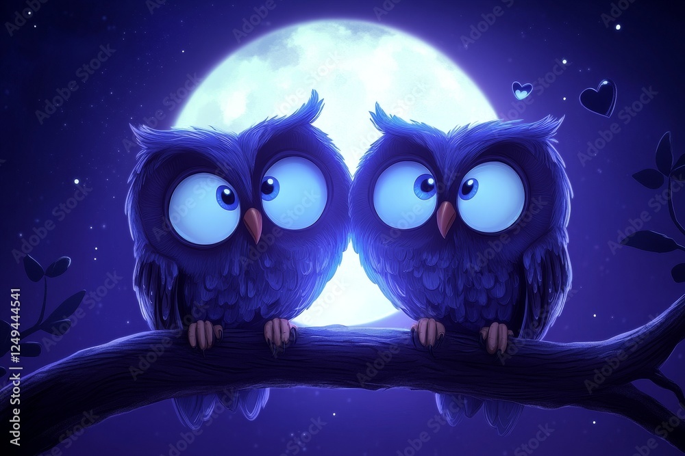 Fototapeta premium Two Owls in Love Under the Moon - Romantic cartoon owls perched on a branch, under a full moon, symbolizing love, togetherness, loyalty, night, and dreams.