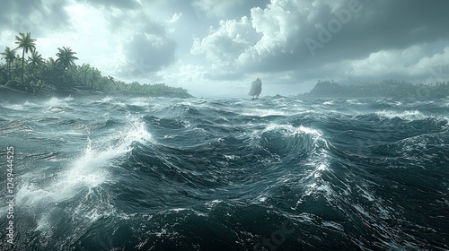 Stormy tropical sea, sailboat navigating rough waters, island backdrop photo