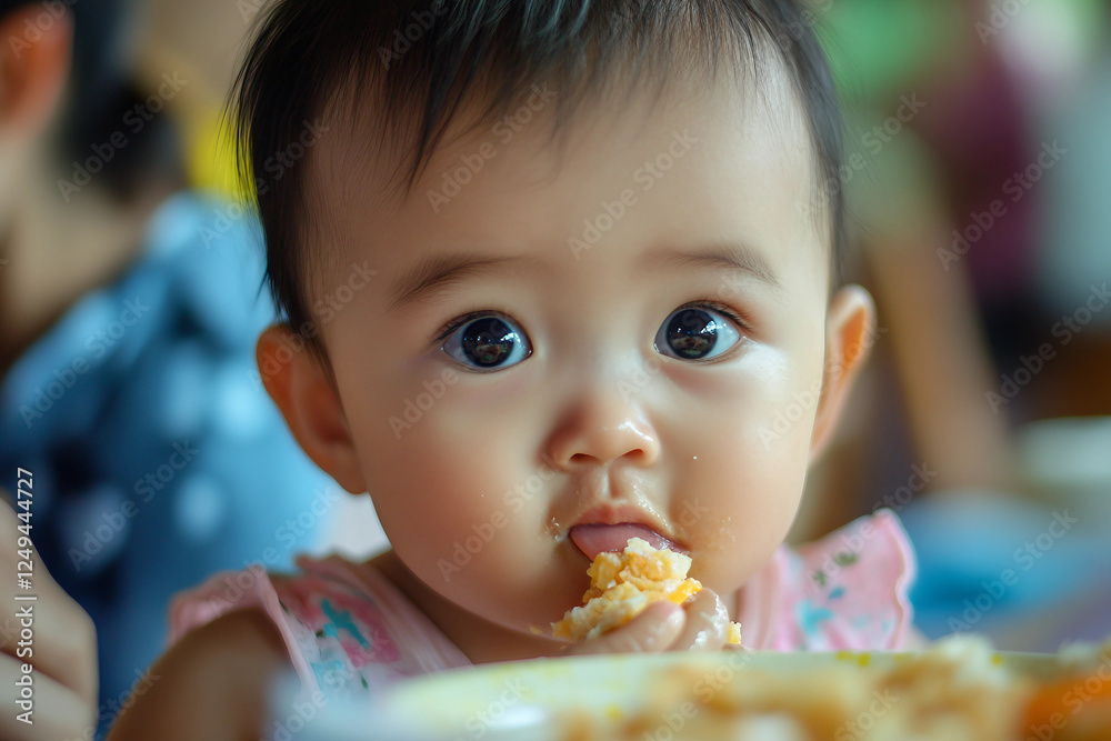 Generative AI image of a cute baby eating food in a highchair with a messy and funny expression Generative AI image of a cute baby eating food in a highchair with a messy and funny expression