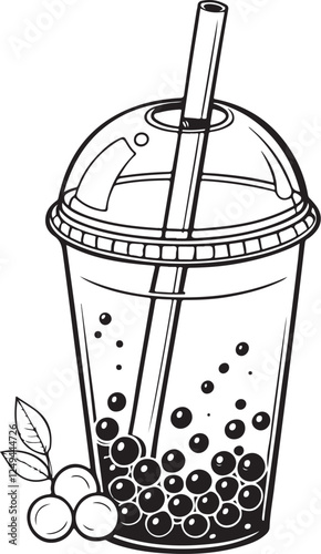 Bubble Tea Sketch Drawing Engraving Black and White Vector Illustration, Isolated, Line Linear Art