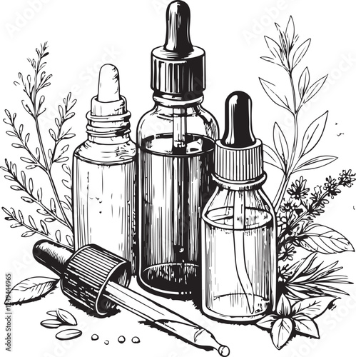 Essential Oil Aromatherapy Sketch Drawing Engraving Black and White Vector Illustration, Isolated, Line Linear Art