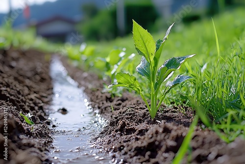 Climate science and green finance. Newly sprouted plants alongside a water-filled furrow in fertile soil.