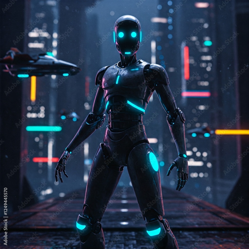Ein humanoider Roboter in einer visionären Umgebung