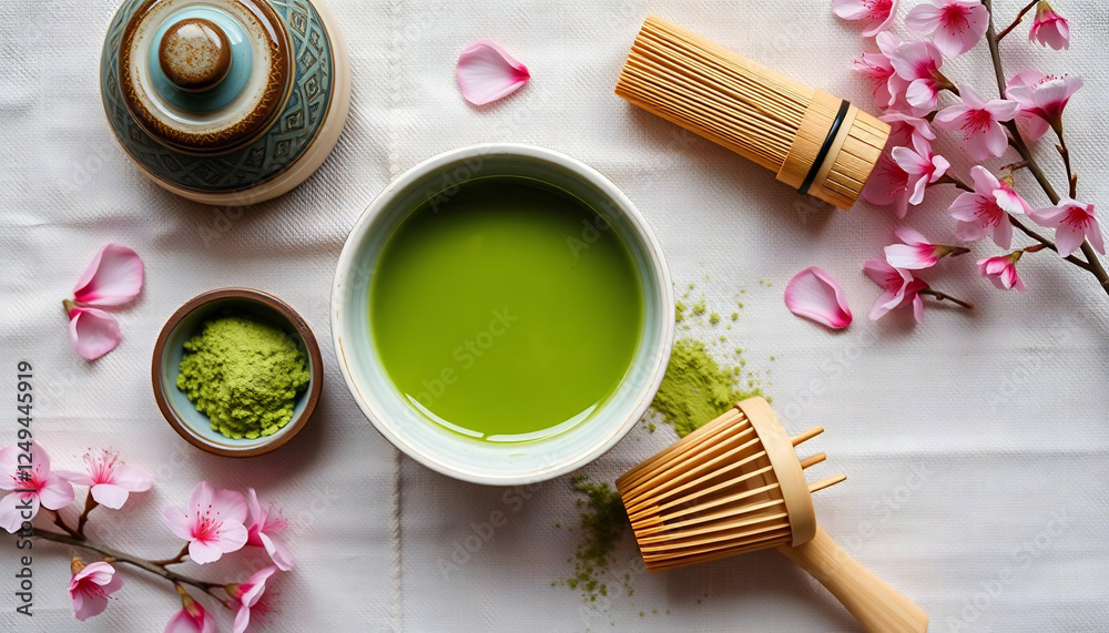 Traditional Matcha Preparation with Bamboo Whisk and Ceramic Bowl Traditional Matcha Preparation with Bamboo Whisk and Ceramic Bowl
