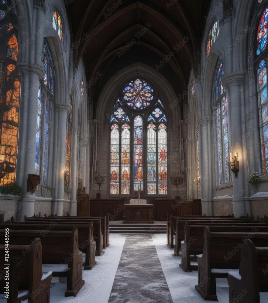 Fototapeta premium Snow-covered church with stained glass windows, christmas decorations, church interior