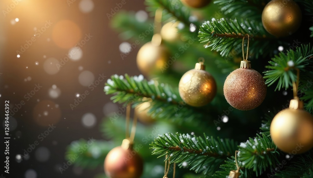 Obraz premium Snowflakes gently falling on a gold-ornamented Christmas tree background, evergreen, holly, holiday decorations