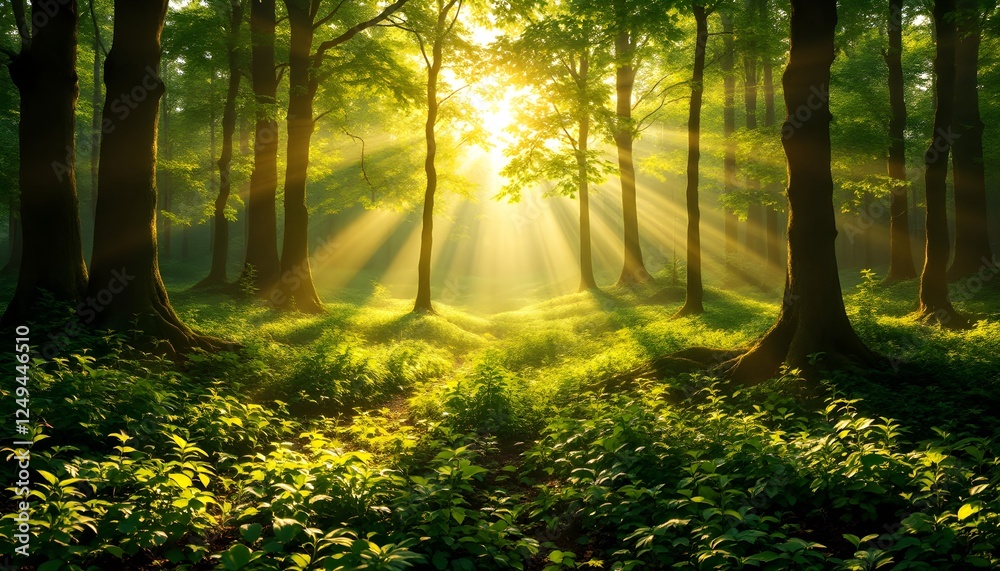 Obraz premium The Beauty of Sunlight Filtering Through the Dense Forest Trees