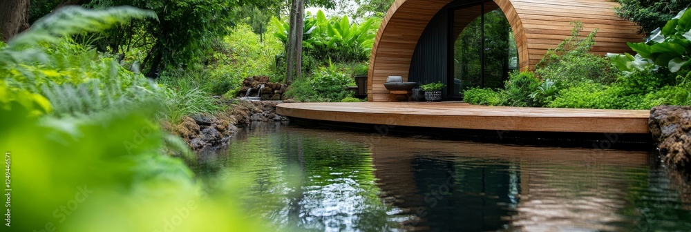 Obraz premium Secluded Wooden Cabin by the Pond - Tranquil scene of a modern wooden cabin nestled beside a serene pond, surrounded by lush greenery. Perfect for relaxation and escape.