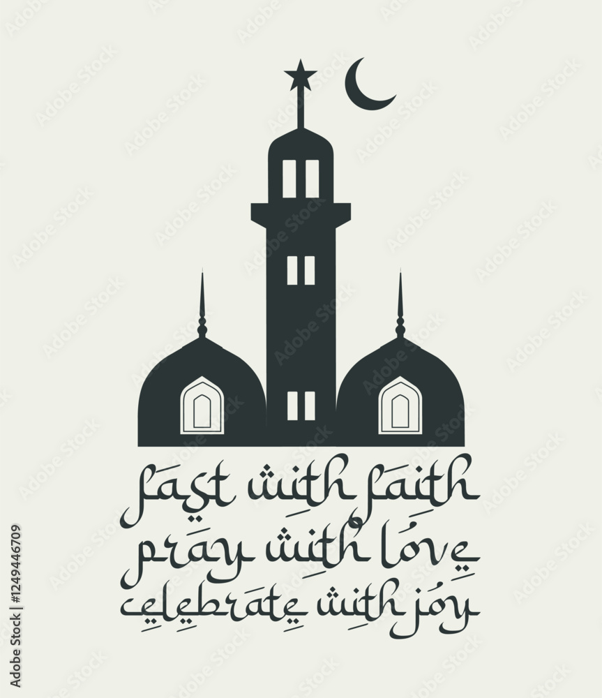 Obraz premium Fast with faith, pray with love, happy ramadan decorative religious vector with islamic mosque and moon illustrations 