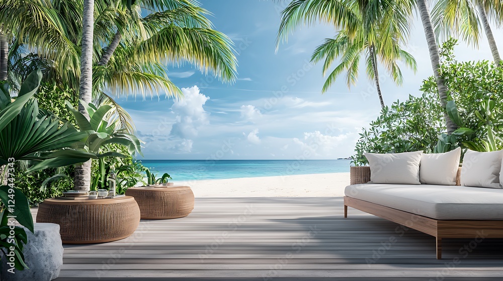 Fototapeta premium Tropical beach lounge; ocean view, relaxation