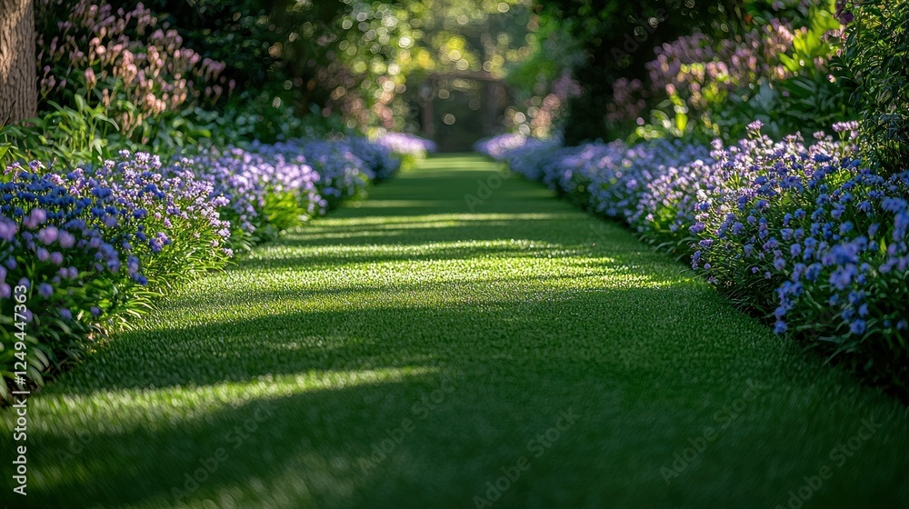 Obraz premium Sunlit Garden Path Lined with Flowers
