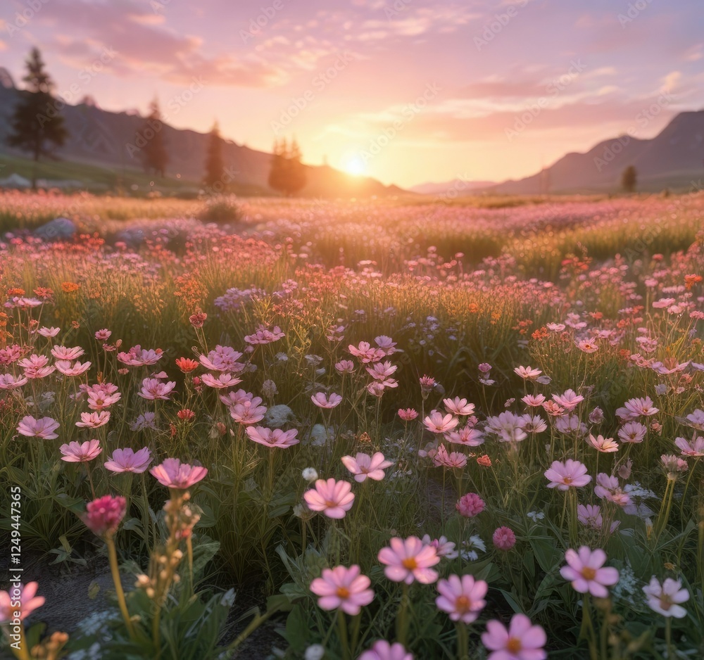 Obraz premium Soft focus sunset over a wildflower-filled meadow with gentle hues of pink and orange, flower fields, sunset