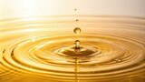 Softly glowing golden yellow bubble oil with ripples on a still surface, peaceful ambiance, reflective surface, gentle glow, luminous liquid