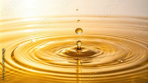 Softly glowing golden yellow bubble oil with ripples on a still surface, peaceful ambiance, reflective surface, gentle glow, luminous liquid