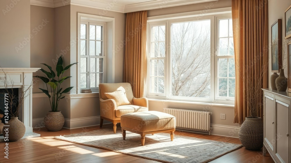 Naklejka premium Softly lit bay window corner with plush armchair and ottoman, surrounded by warm-toned wood accents and natural textiles, bay window corner, ottoman