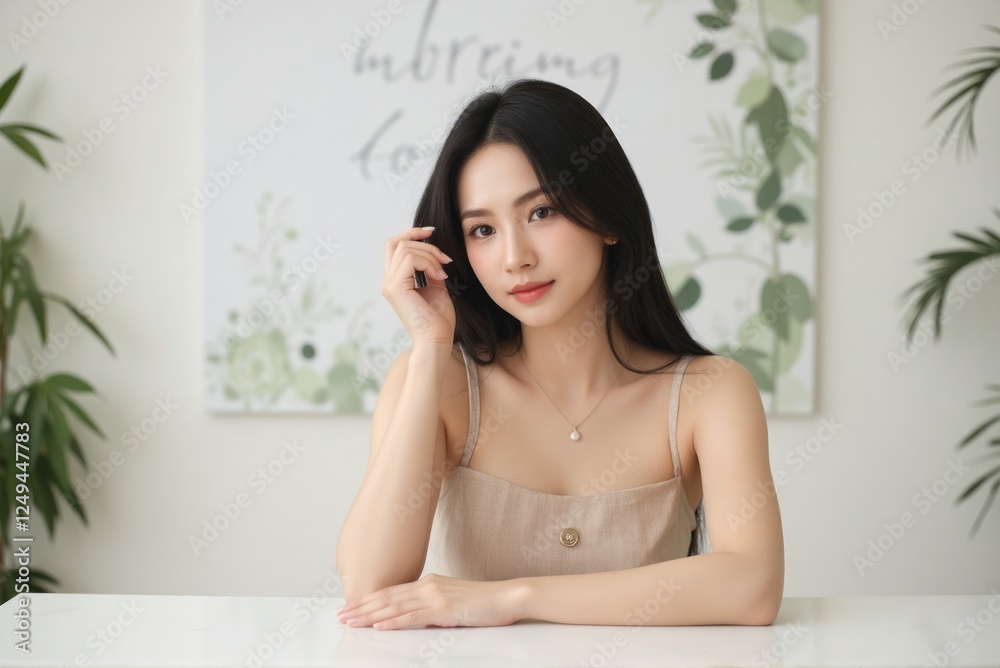 Asian woman with radiant skin, black medium hair, beige housedress, sitting at a wooden table Asian woman with radiant skin, black medium hair, beige housedress, sitting at a wooden table