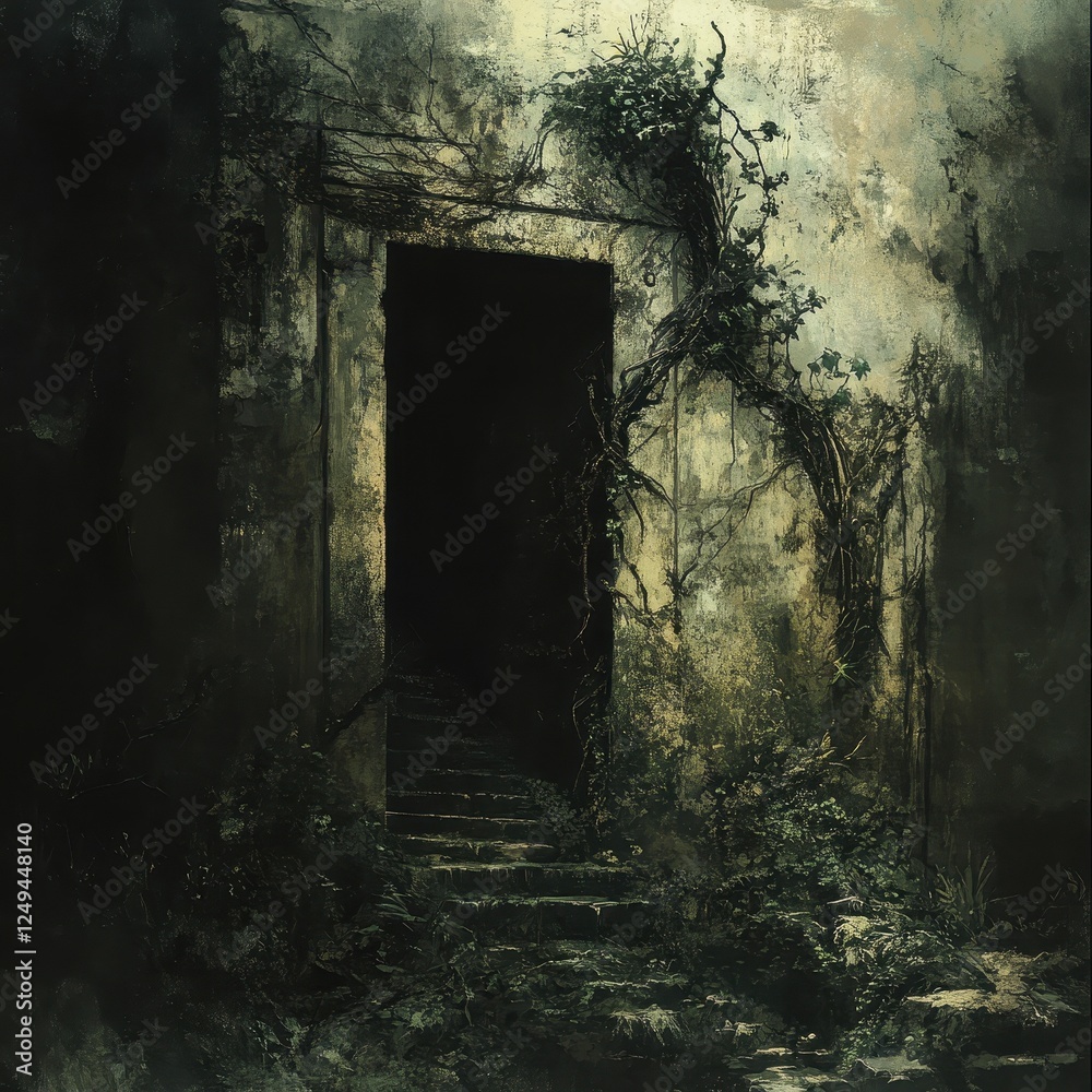 Abandoned stone doorway obscured by vines and dark stairway Abandoned stone doorway obscured by vines and dark stairway