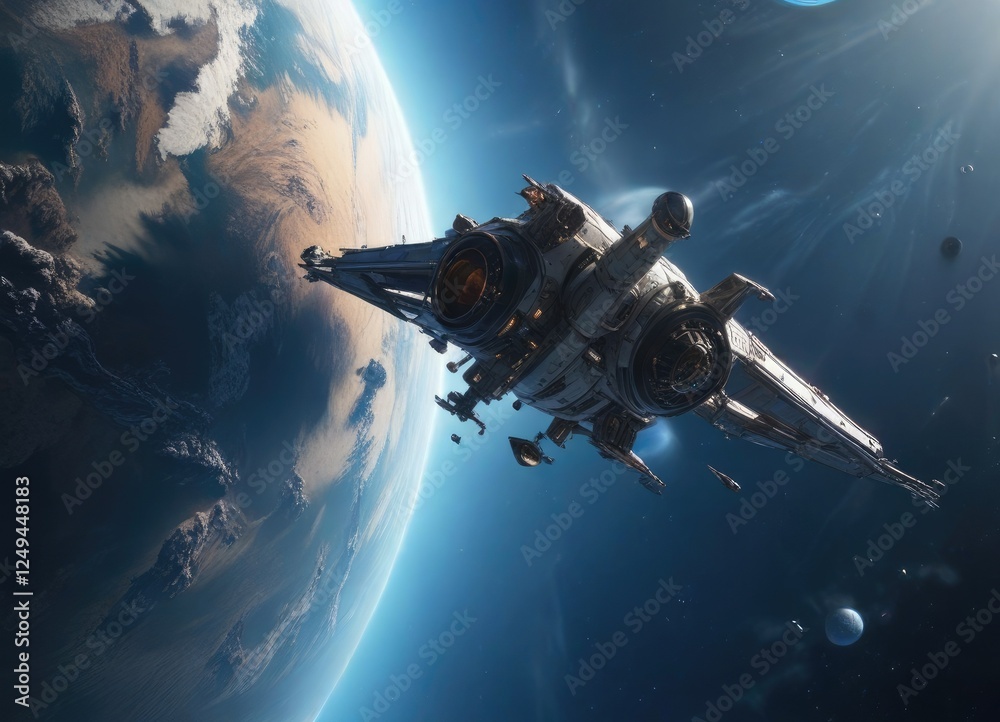Obraz premium Spacecraft flying above the Blue Planet's oceans,, blue planet, planetary terrain