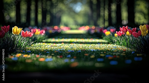 Sunlit path through colorful tulip garden, trees in background photo