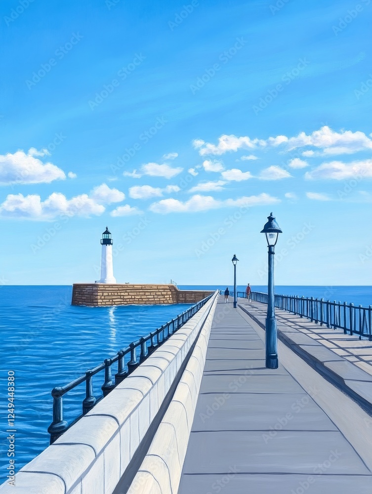 Scenic Lighthouse View Over Waterway - A serene scene showcasing a lighthouse at the end of a walkway, surrounded by calm waters and a bright blue sky with clouds. Scenic Lighthouse View Over Waterway - A serene scene showcasing a lighthouse at the end of a walkway, surrounded by calm waters and a bright blue sky with clouds.