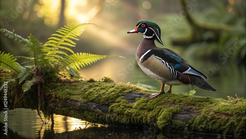 A photograph of a Wood Duck perched on a moss-covered log in a dense forested wetland AI Generative