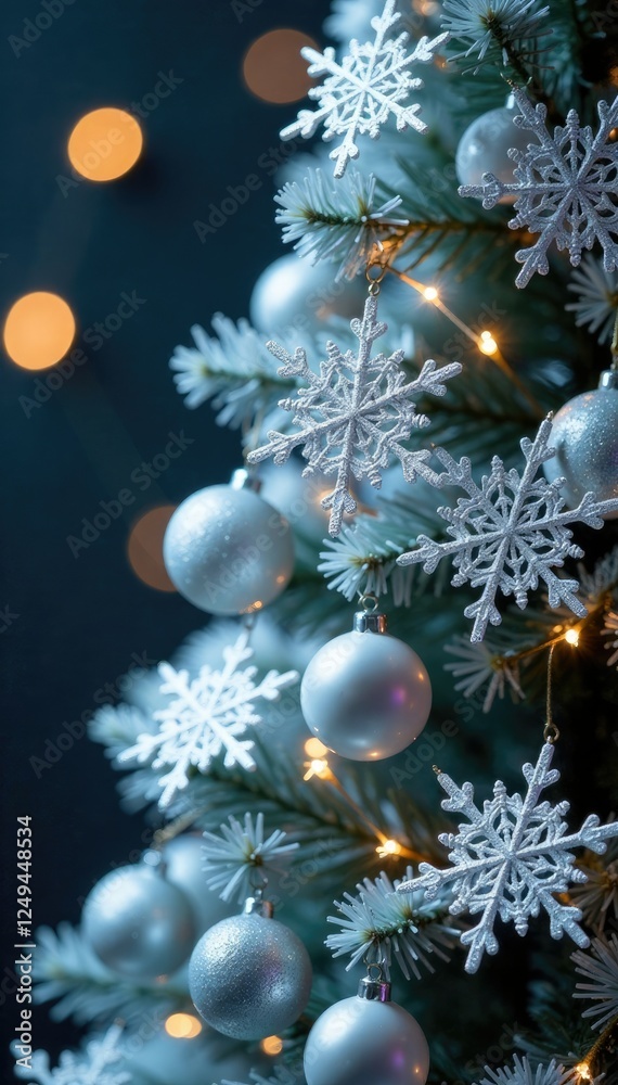 Sparkling snowflakes adorned with glittering silver icicles hanging from a frosted glass Christmas tree, holiday, decorative, glass Sparkling snowflakes adorned with glittering silver icicles hanging from a frosted glass Christmas tree, holiday, decorative, glass