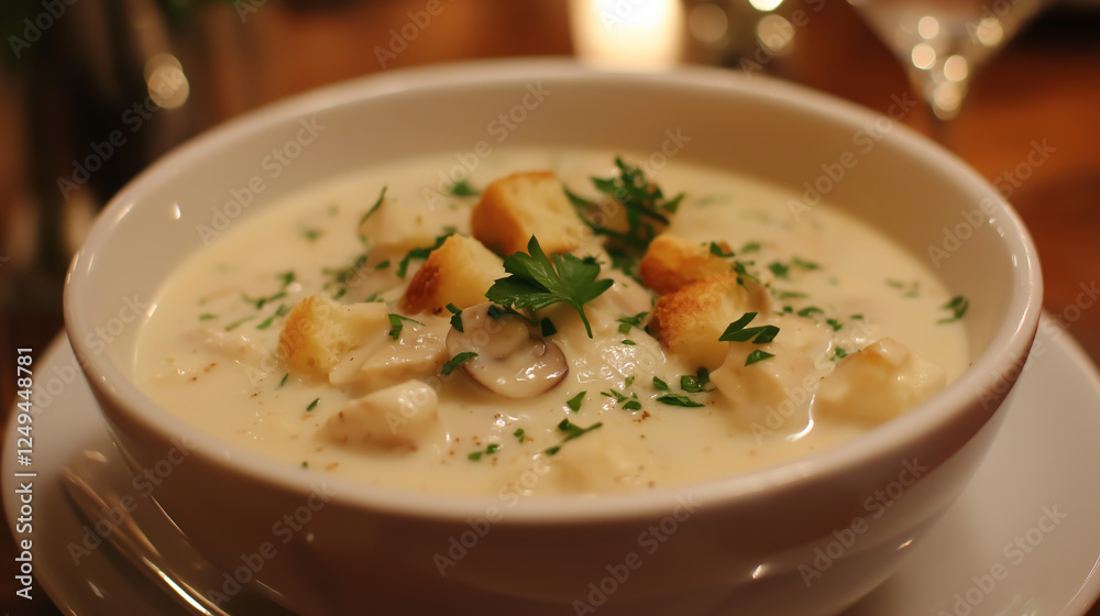 A rich and smooth mushroom soup, elegantly adorned with parsley and golden, crispy croutons. A rich and smooth mushroom soup, elegantly adorned with parsley and golden, crispy croutons.